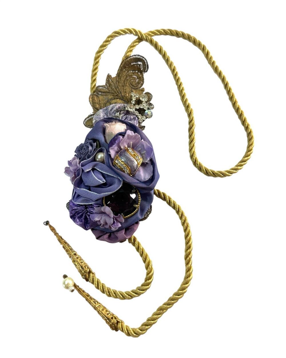 Ornate Purple Gold Jeweled Floral Curtain Tieback Tassel 19โ Single